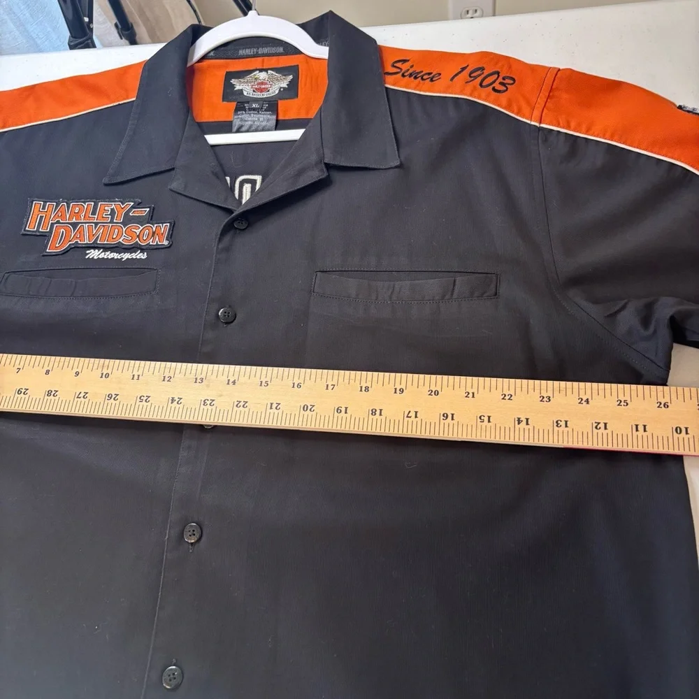 VTG HARLEY DAVIDSON Orange Black Mechanic Biker Shop Garage Sz XL Button Shirt - Picture 9 of 11